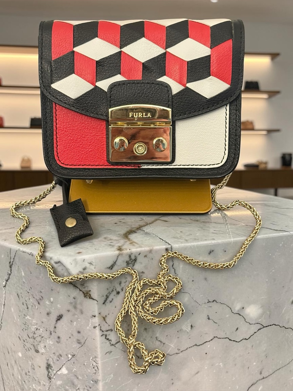 Furla Metropolis Mini Crossbody Bag Geometric Red Black White Clochette & Key